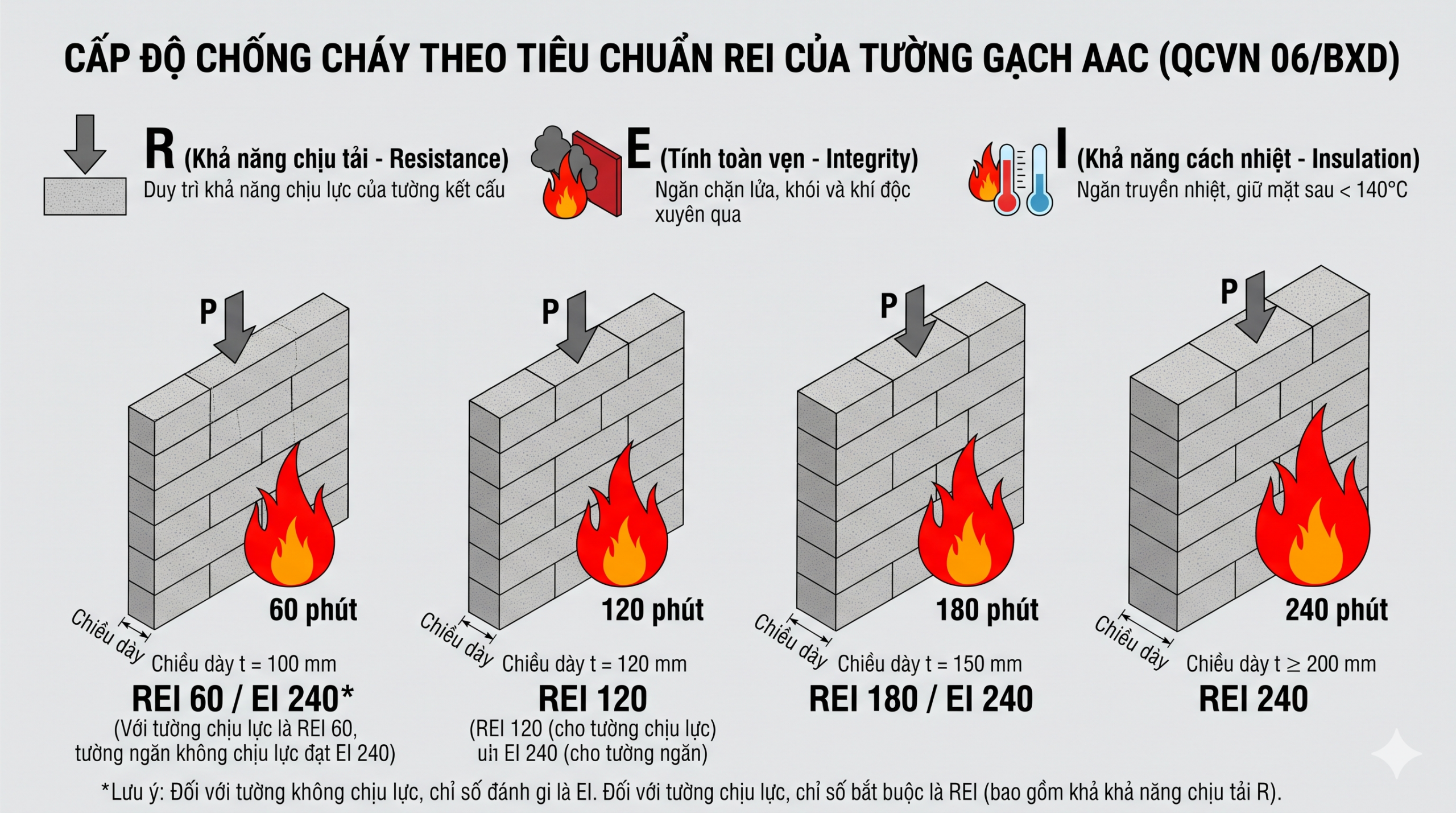 Các cấp độ chống cháy REI gạch nhẹ AAC